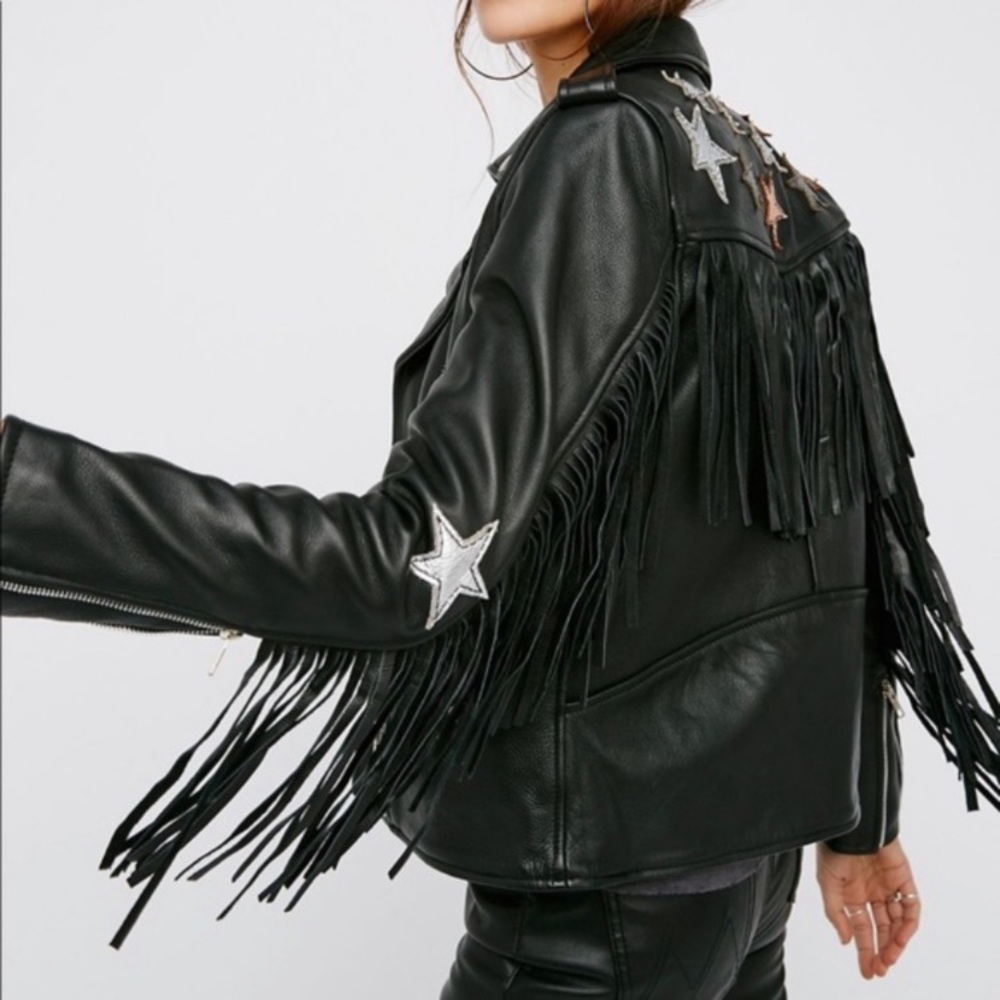 Free People Black Fringe Leather Jacket with Silver Stars